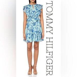 Tommy Hilfiger Teal and Blue Floral Flutter Sleeve Mini Dress